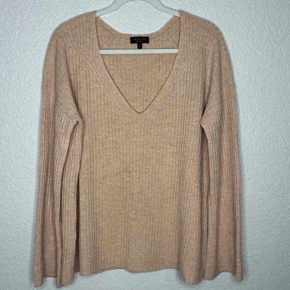 Rag & Bone Mitchell 100% Merino Wool V Neck Ribbed Sweater Oat Large - Picture 3 of 7